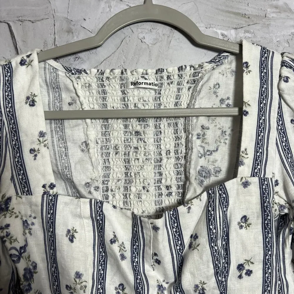 Reformation Linen Smocked Puff Sleeve Top SIZE 2 White Blue Floral